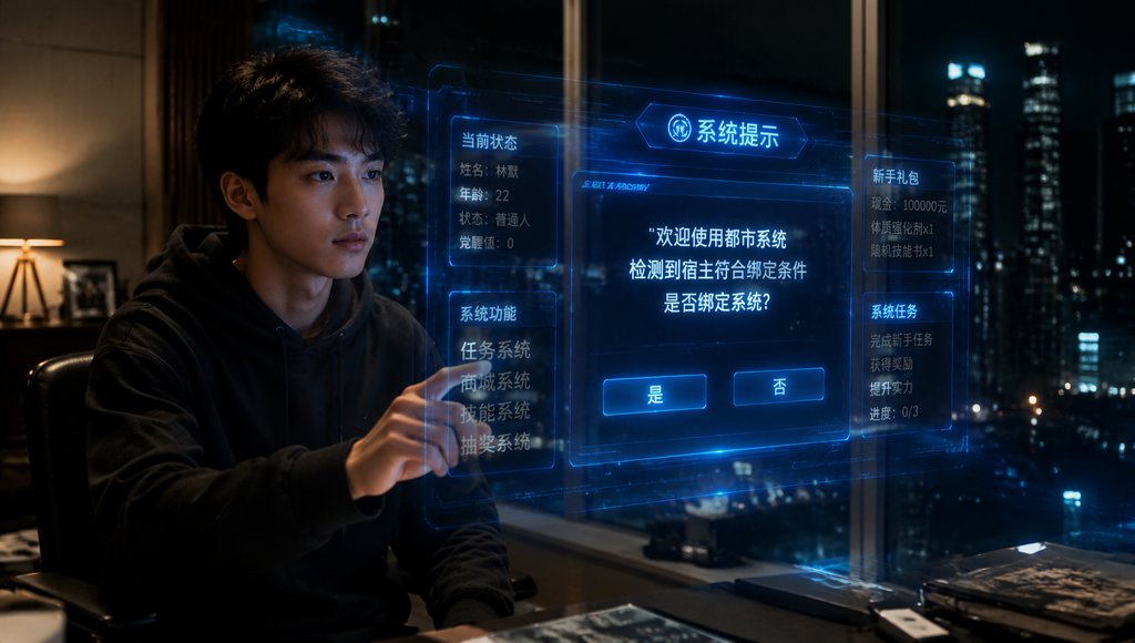 年轻男子在夜景城市前操作蓝光悬浮系统界面，显示绑定提示与新手礼包，科幻写实风格