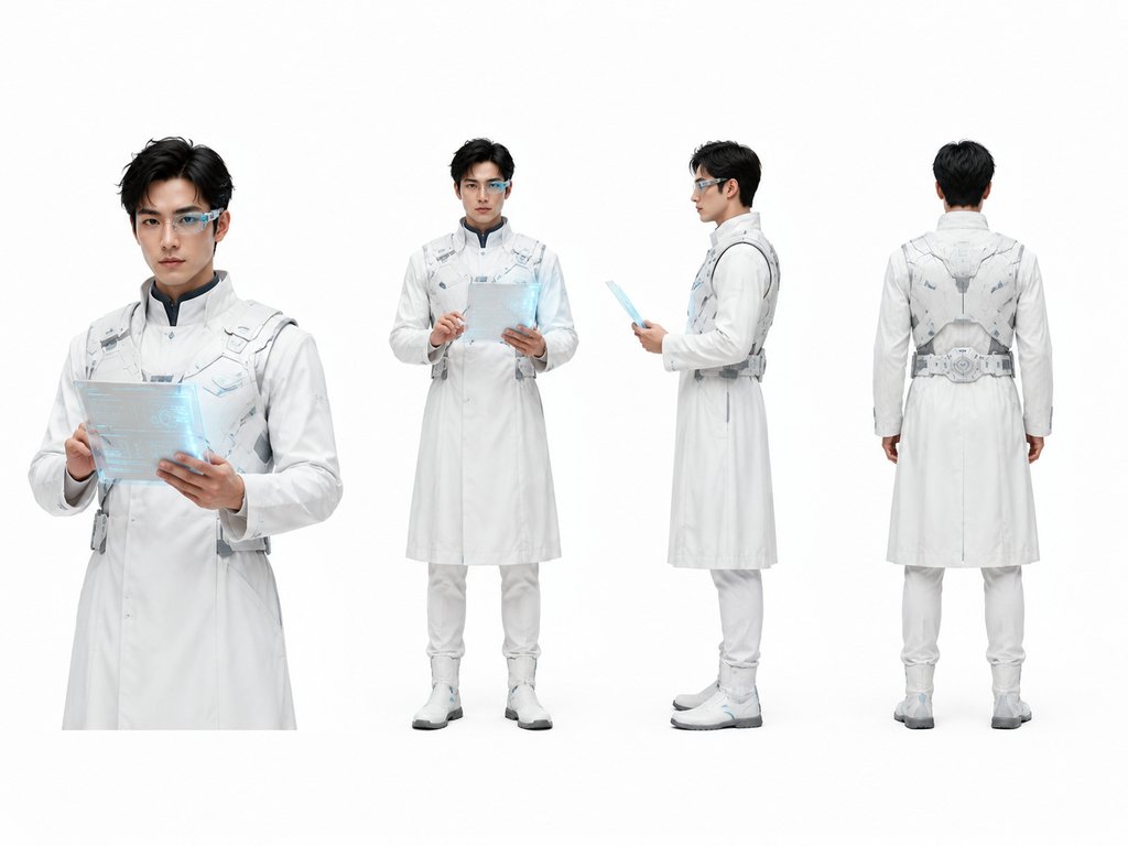 星际科学家身穿白色实验服,佩戴科技马甲和目镜,手持全息平板,硬科幻写实风格角色