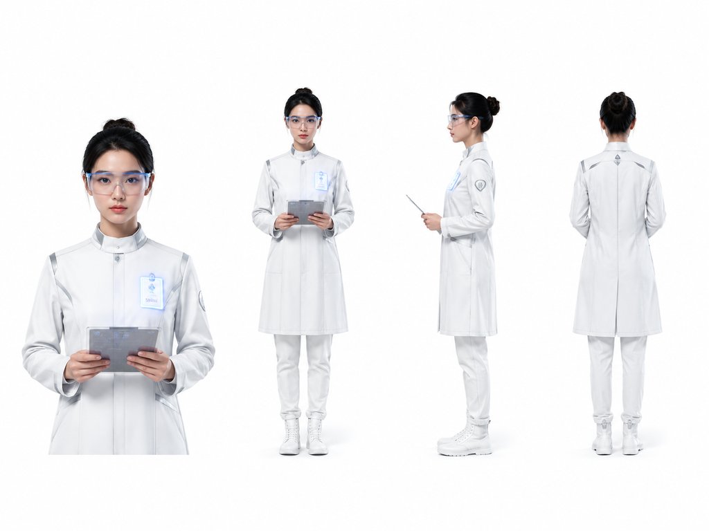 女科学家身穿白大褂,佩戴护目镜和发光胸牌,手持平板,硬科幻写实风格