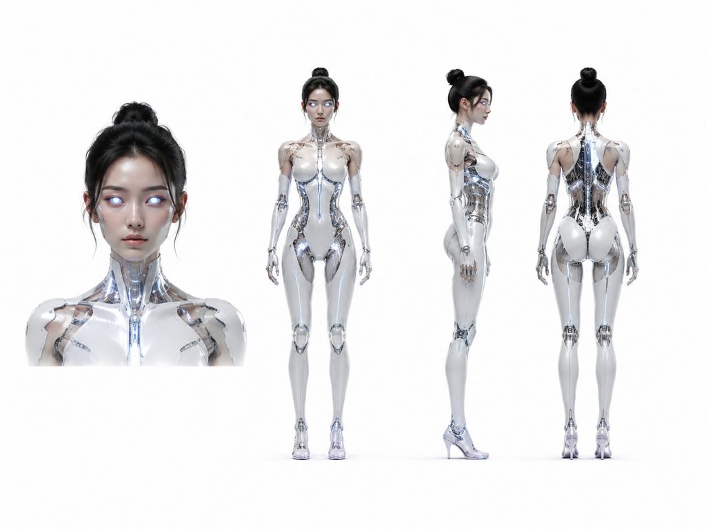 人形AI机器人女性，金属肌肤，发光关节与光眼，硬科幻写实风格
