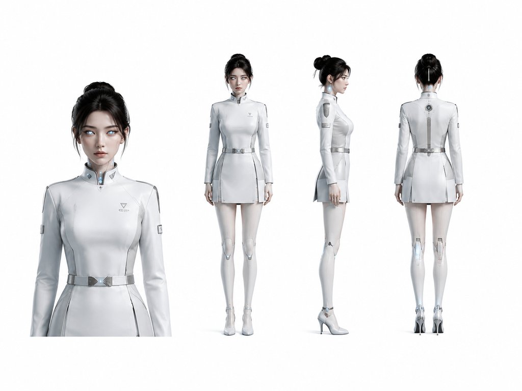 高拟真仿生人女性角色，白色未来制服，发光蓝瞳，科技感接口，硬科幻写实风格