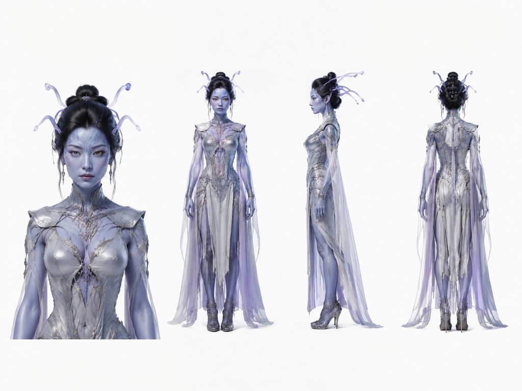 蓝皮肤外星女性角色,触角发饰,银色紧身战甲,科幻写实风格