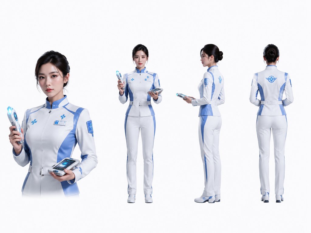 星舰医官身穿蓝白医疗制服，手持发光扫描仪，硬科幻写实风格角色