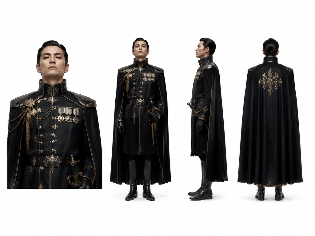 星际帝国军官身穿黑色高领披风军服，饰有金色勋章与纹章，写实硬科幻风格
