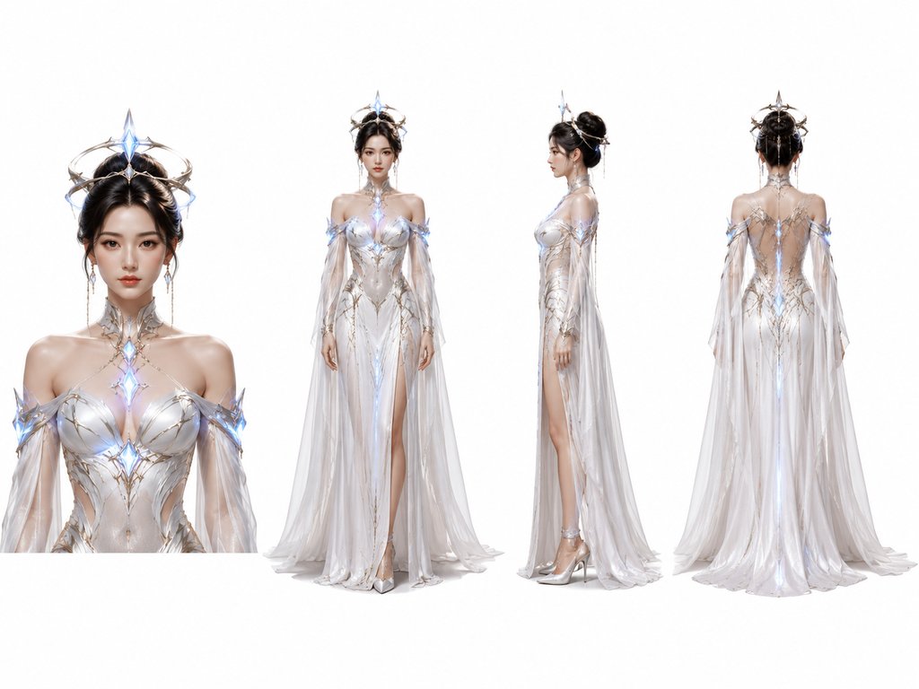 星际公主身着未来礼服,佩戴悬浮宝冠与发光饰物,高贵优雅的硬科幻写实角色