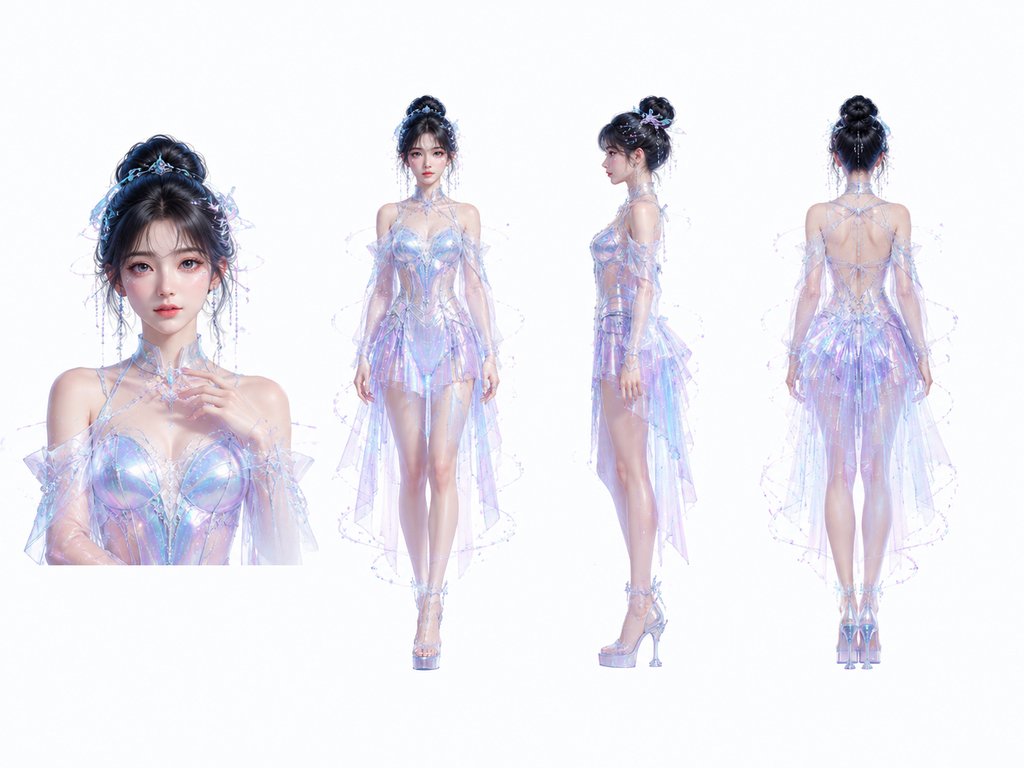 全息偶像身穿炫彩半透明演出服,光粒流动,硬科幻写实风格
