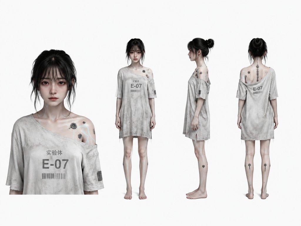 基因实验体少女,身穿破旧病服,身上有发光纹路和接口,硬科幻写实风格3D角色