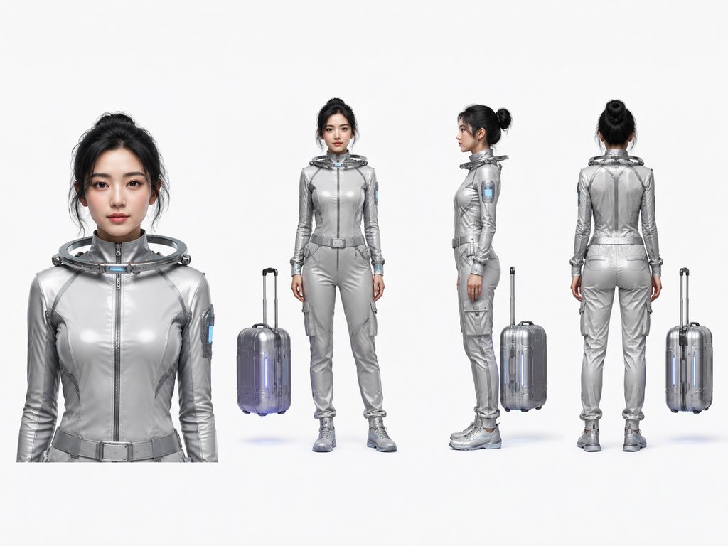 未来太空旅客女性角色，银色便装搭配登机环和漂浮行李，硬科幻写实风格