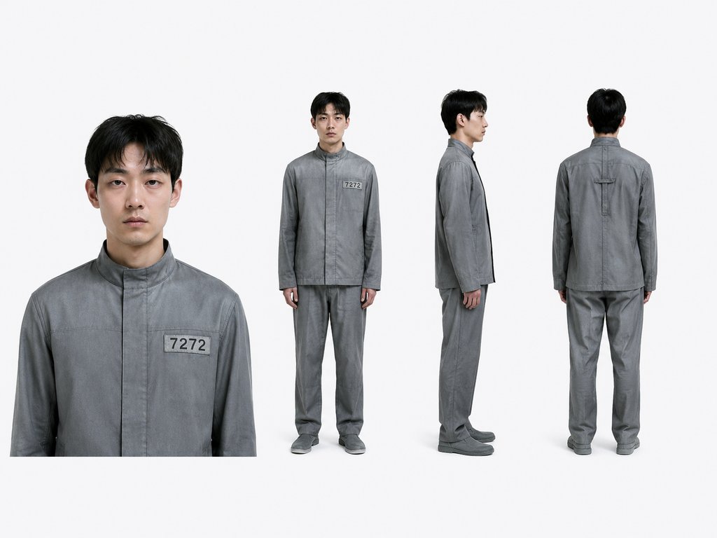 反乌托邦市民身穿灰色制服,胸前编号7272,表情麻木,硬科幻写实风格角色图
