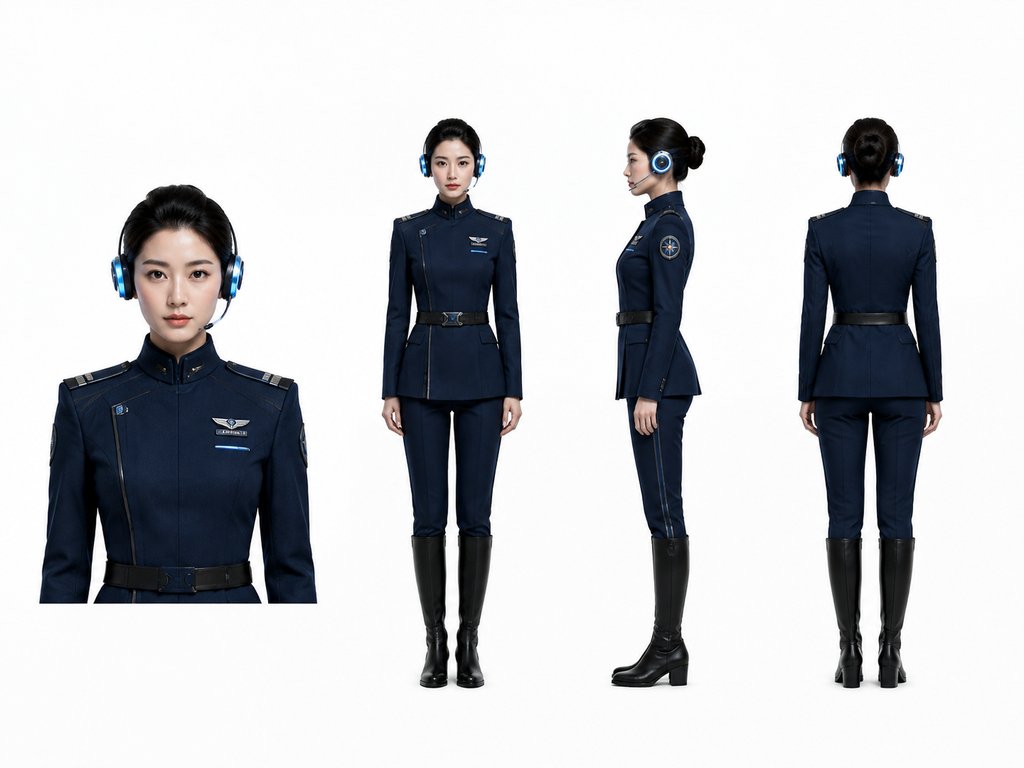 星际通讯官身穿深蓝制服，佩戴发光耳麦，硬科幻写实风格角色图
