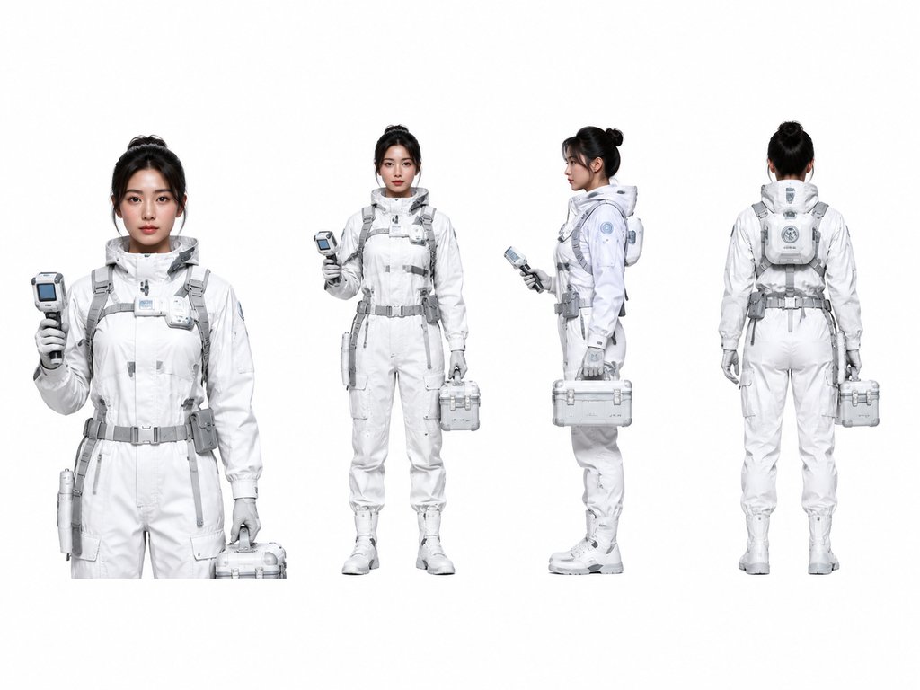 身穿白色防护服的外星生物学家,手持扫描仪和样本箱,硬科幻写实风格角色图