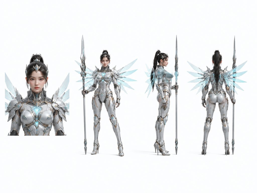 机械战甲女武神，银色机甲配发光能量翼，手持长枪，硬科幻写实风格