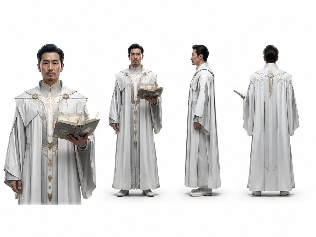 星际牧师身着未来教袍，胸前发光圣徽，手持悬浮经书，肃穆神情，硬科幻写实风格