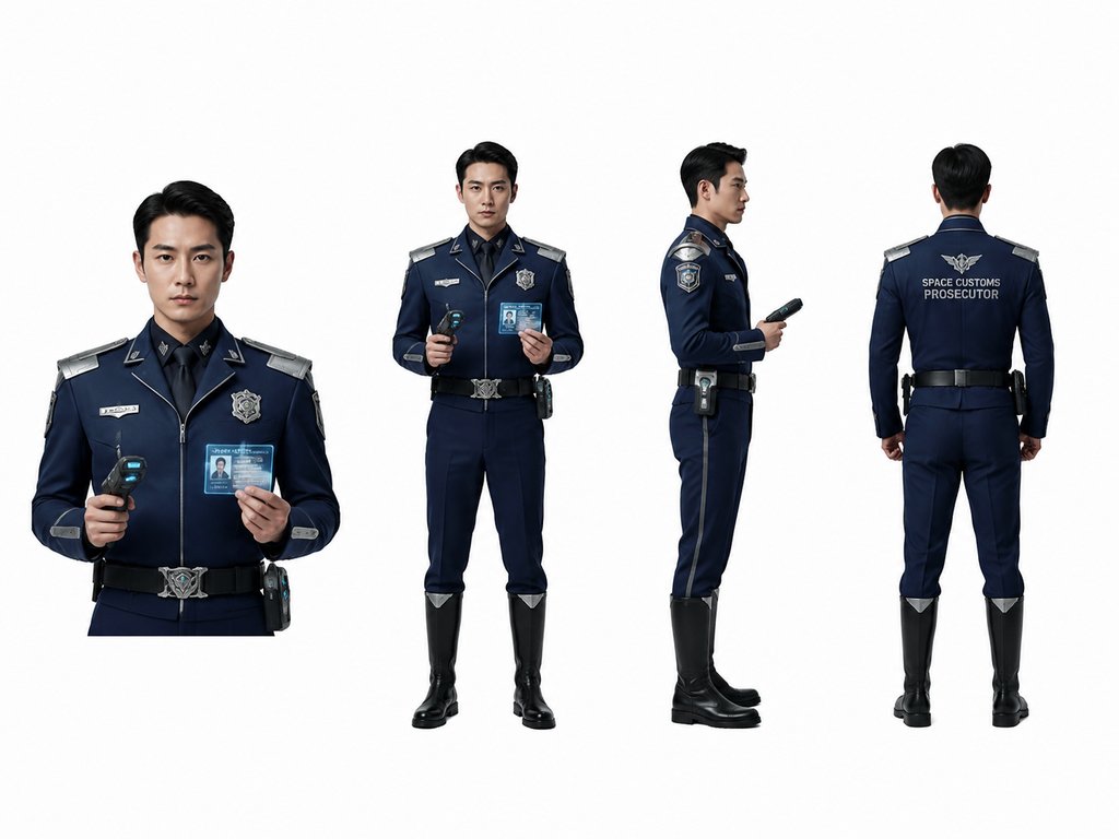 太空海关检察官身穿深蓝色制服,手持扫描仪和全息证件,硬科幻写实风格角色图
