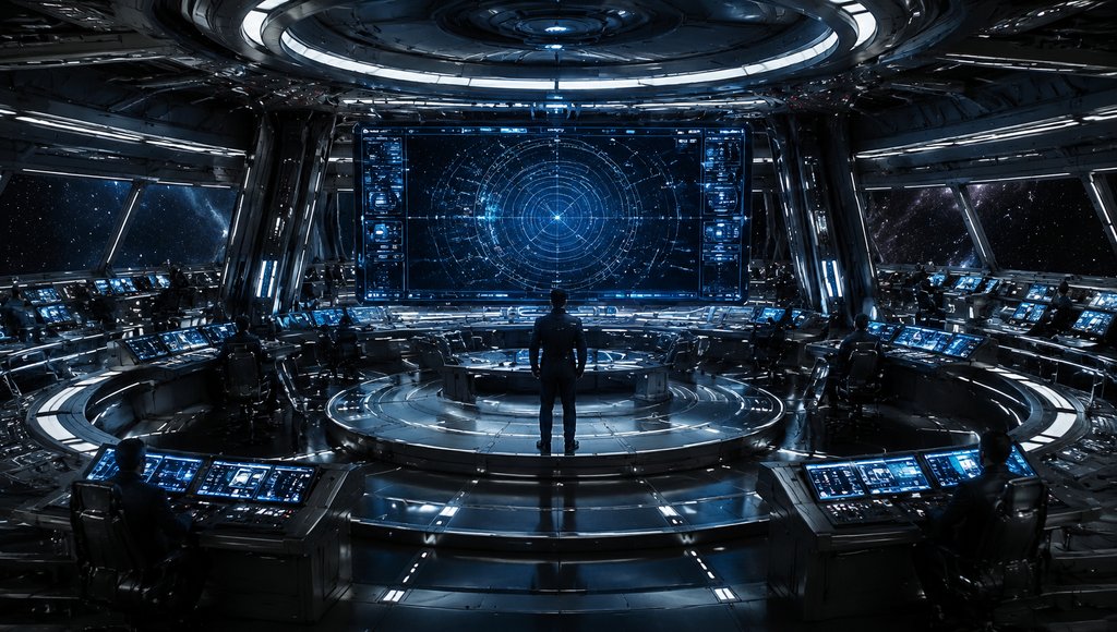 星舰舰桥内部,中央人物背对全息星图,环绕操作席与舷窗星空,硬科幻写实风格