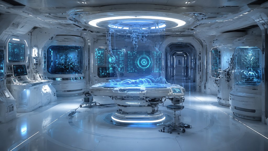 星舰医疗舱内悬浮医疗台与全息监测系统，硬科幻写实风格