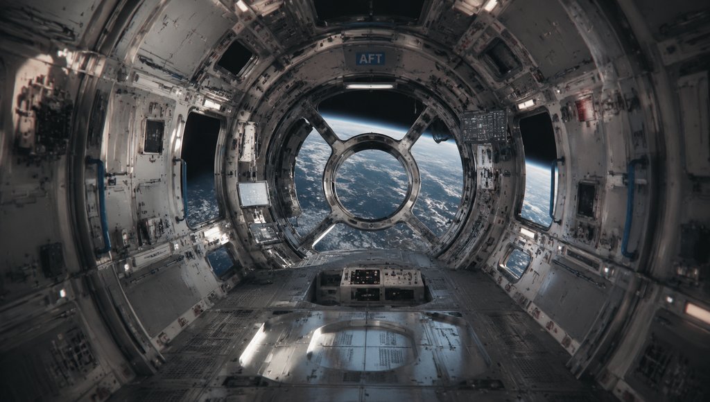 太空站环形舱段内部,舷窗可见地球全景,硬科幻写实风格