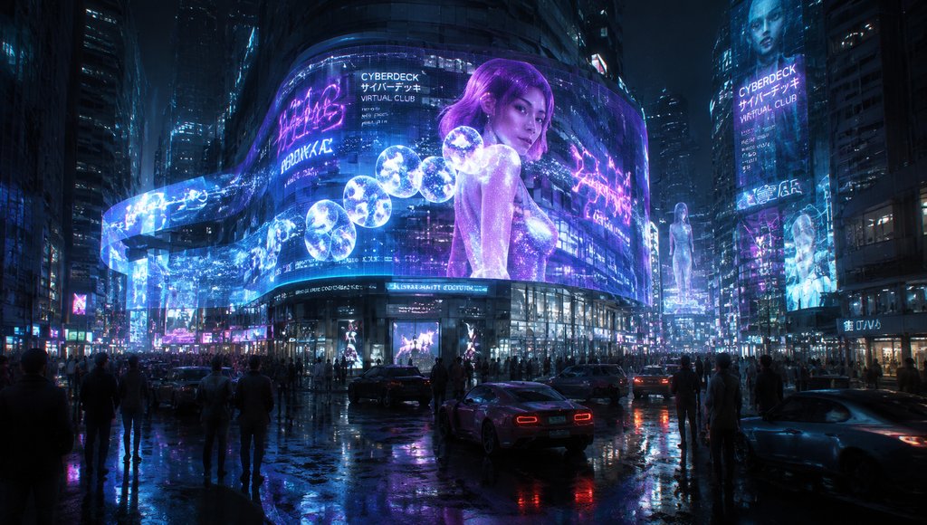 霓虹闪烁的未来都市街景，全息广告与立体投影交织，光粒悬浮，车流穿梭，硬科幻写实风格