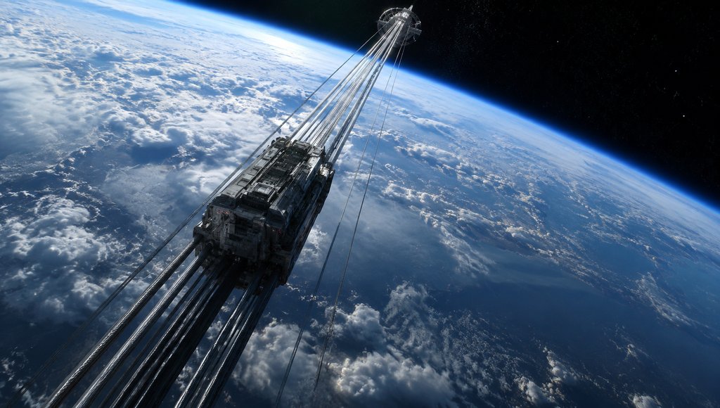 太空电梯连接地球与太空，缆索舱体悬浮于云层之上，硬科幻写实风格