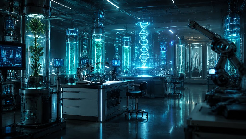 未来基因实验室,全息DNA螺旋悬浮中央,培养柱内植物发光,机械臂操作,硬科幻写实风格