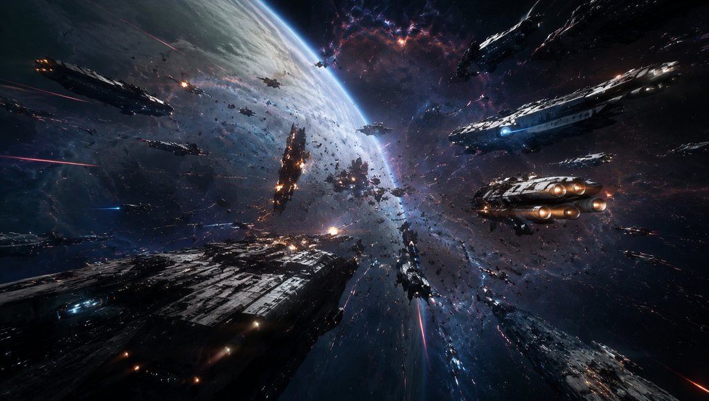 星际战场中星舰群激烈交火,激光弹幕穿梭,爆炸残骸飘散,硬科幻写实风格
