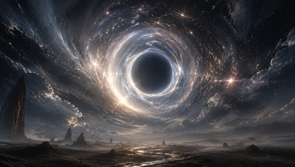 虫洞入口,扭曲光环环绕,星光拉伸,能量漩涡,硬科幻写实风格场景