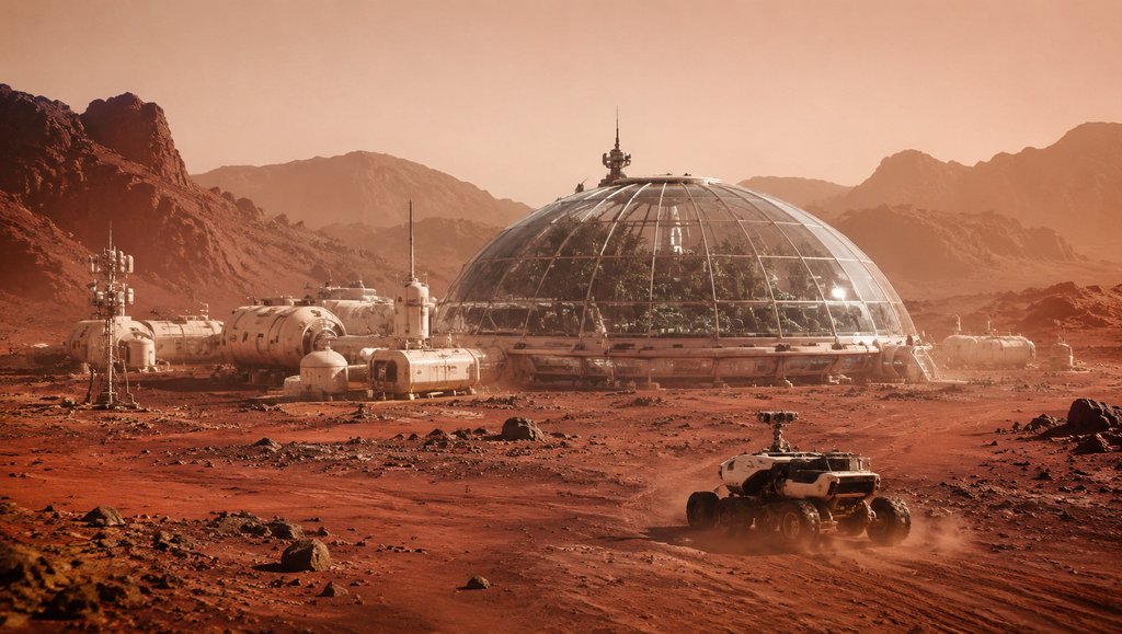 火星殖民地穹顶温室，红色荒漠中未来科技基地，硬科幻写实风格