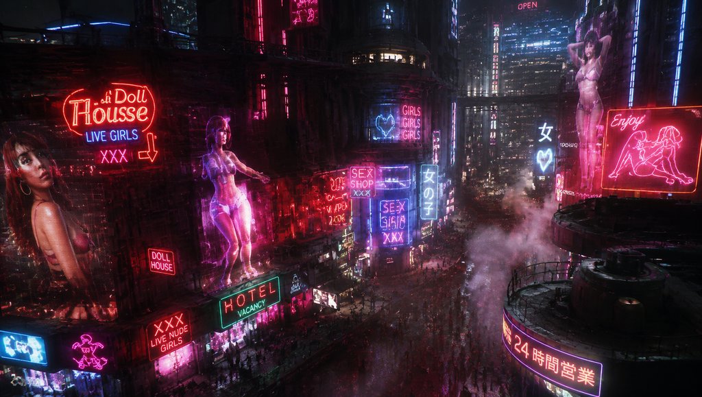 赛博朋克红灯区夜景,霓虹招牌闪烁,全息舞女悬浮,烟雾弥漫,硬科幻写实风格