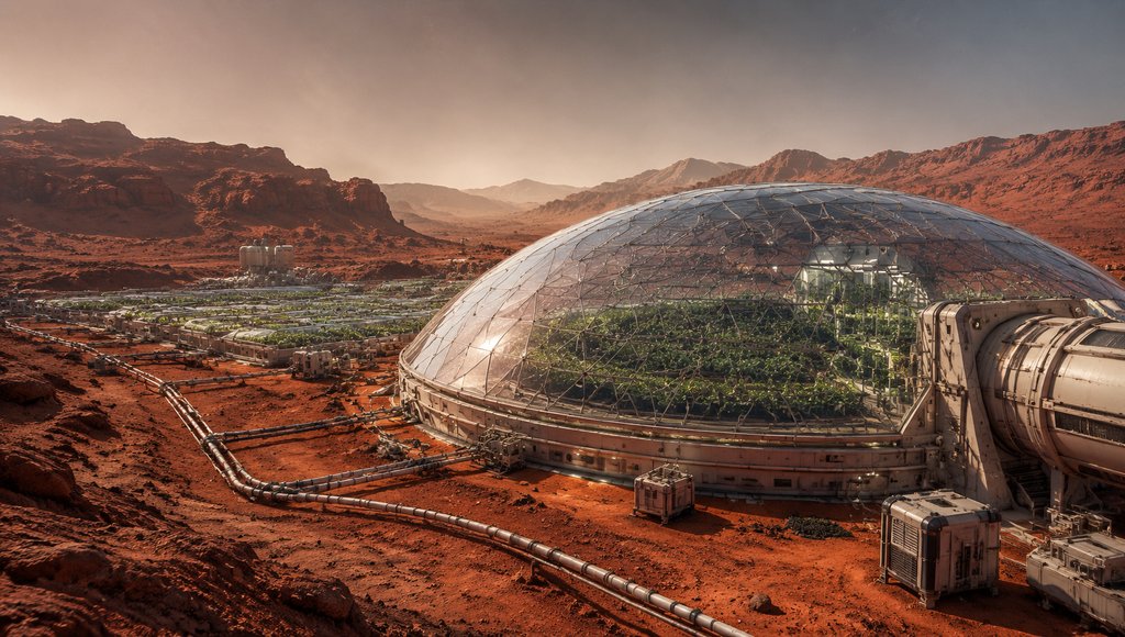 火星表面的穹顶温室农场，透明穹顶内种植绿色作物，周围布满灌溉管线，硬科幻写实风格