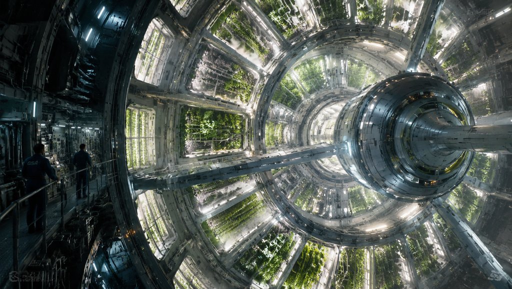 环形太空温室农场，内部种植发光植物，水雾弥漫，硬科幻写实风格
