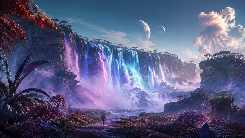 外星瀑布奇观,发光水流从悬崖倾泻,双月高悬,科幻写实风格