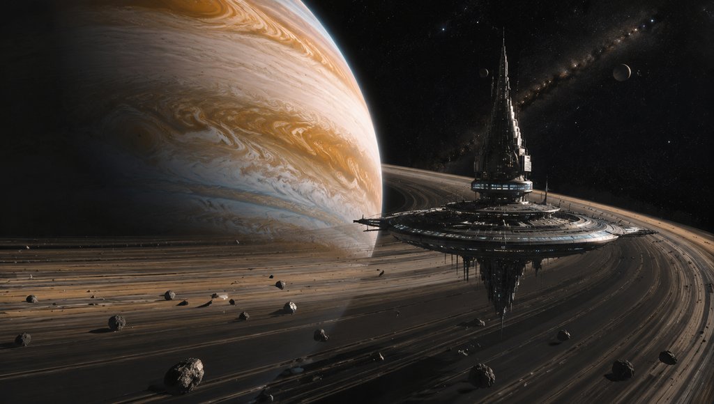 气态巨行星旁的环形空间站，云带与星环环绕，硬科幻写实风格