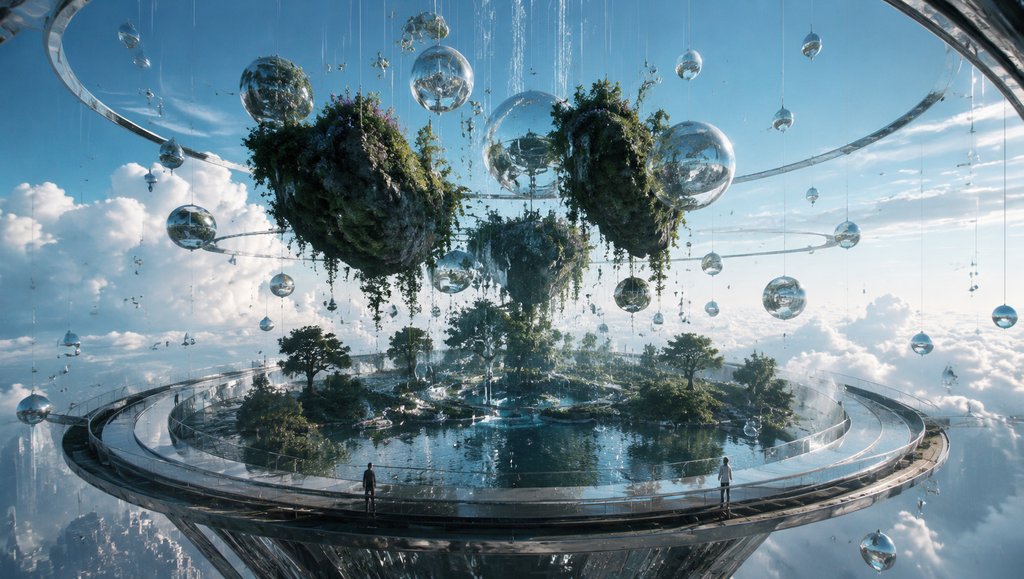 反重力花园中悬浮的植被与光球,未来科技感十足的硬科幻场景