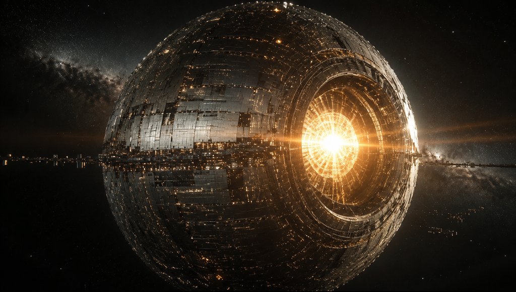 戴森球结构环绕恒星,金色光芒穿透能量板,硬科幻写实风格