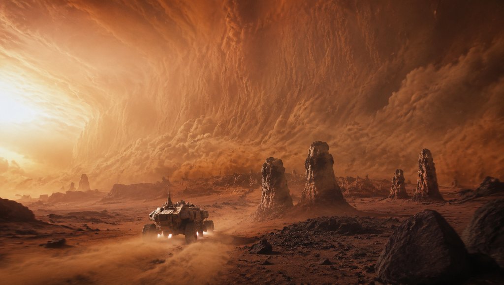 橙红色沙暴中的外星地表,探测车穿越奇岩地貌,硬科幻写实风格