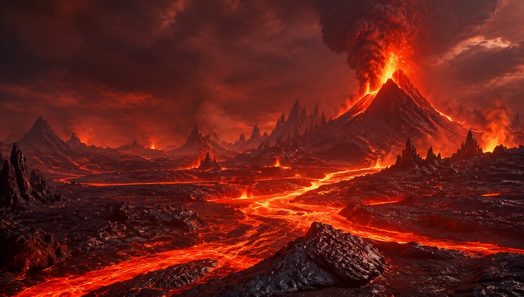 熔岩外星地表,火山喷发,岩浆河流淌,黑曜岩地貌,硬科幻写实风格
