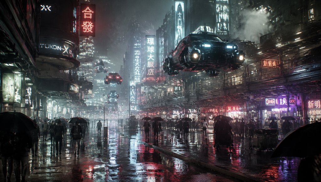 未来雨夜赛博街头,霓虹灯倒映在积水路面,飞行车穿梭其间,行人撑伞穿行,硬科幻写实风格