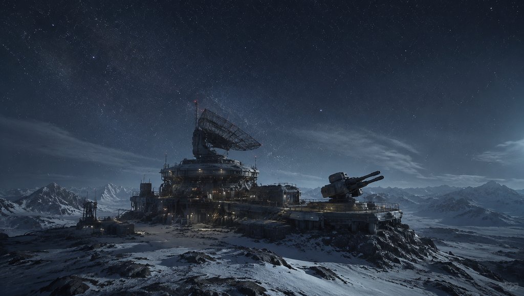 雪地中的星际边境哨站，配备雷达天线和防御炮，星空下硬科幻写实风格