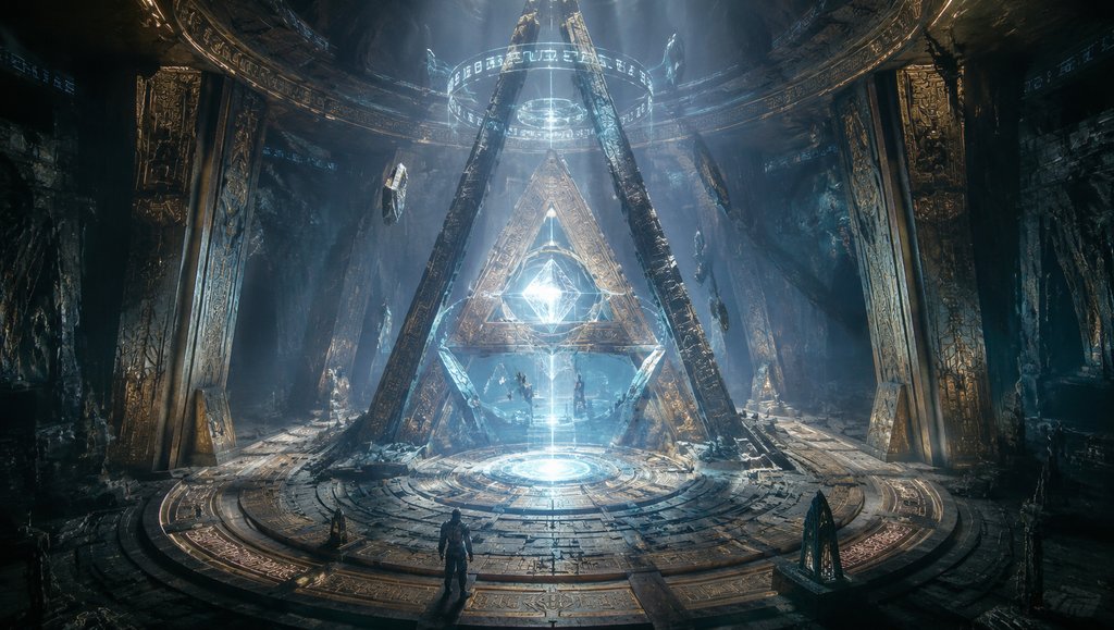 外星巨型遗迹内部,发光几何机关与悬浮符文,硬科幻写实风格