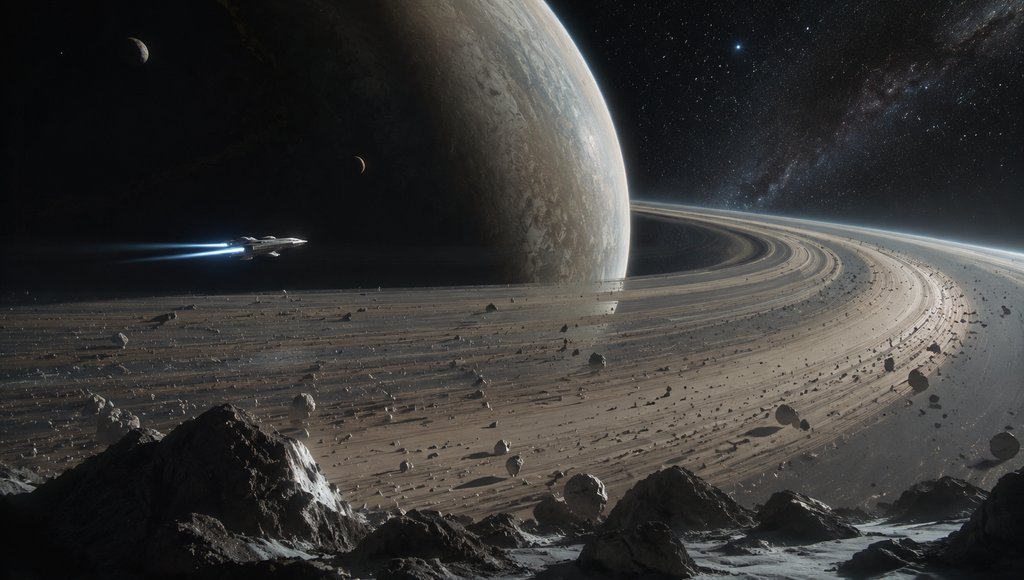星环行星旁的星舰飞行,硬科幻写实风格3D场景
