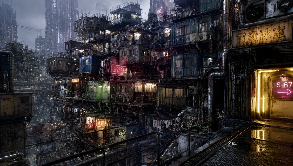 未来贫民窟中的集装箱住舱,布满乱接管线与霓虹灯,硬科幻写实风格