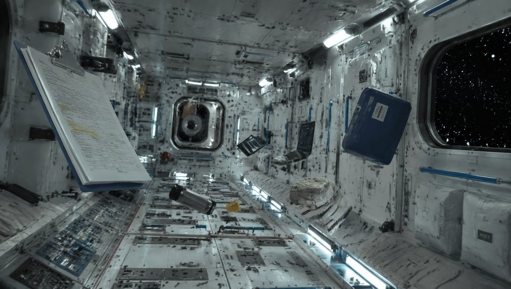 失重舱室内漂浮的文件和设备,舷窗外星光闪烁,硬科幻写实风格