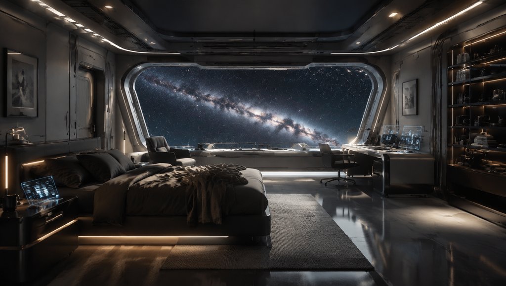 舰长私人舱室,舷窗外星河璀璨,科技家具与全息相框点缀,硬科幻写实风格