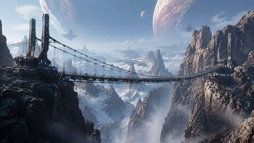 外星峡谷中的发光悬索桥,连接奇岩峭壁,背景有巨大行星和云海,硬科幻写实风格