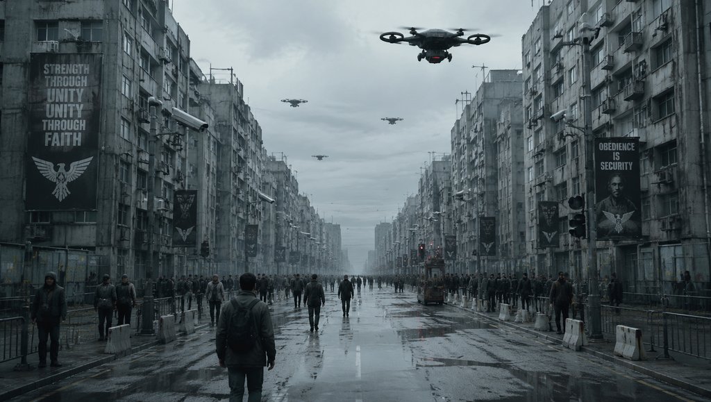 反乌托邦城市街道，灰暗建筑林立，空中巡逻无人机，人群行进，监控密布，硬科幻写实风格