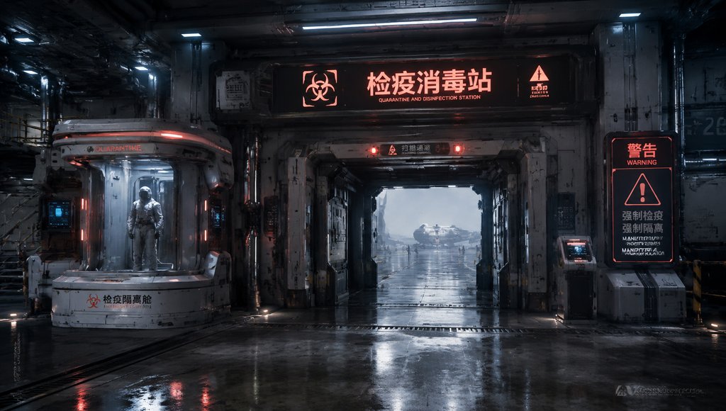 星际港口检疫站，红色警示灯闪烁，隔离舱内宇航员站立，硬科幻写实风格