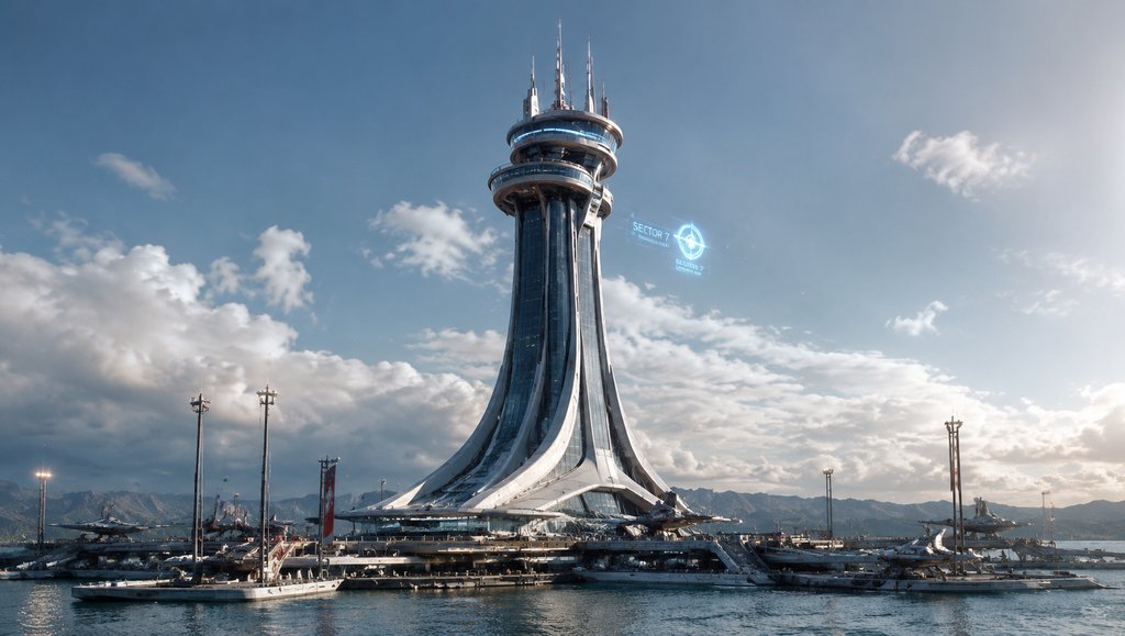 星港塔,流线型塔体,全息标识,停泊平台,硬科幻写实建筑