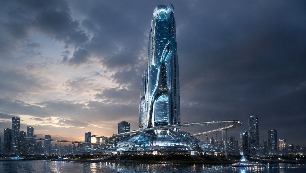 未来摩天楼,玻璃幕墙发光纹路,飞行车道环绕,硬科幻写实风格建筑