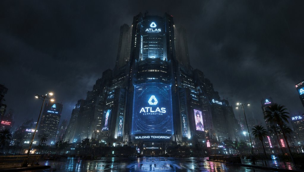 赛博朋克风格的 Atlas 公司大厦,雨夜中霓虹闪烁,全息广告点亮城市,硬科幻写实建筑