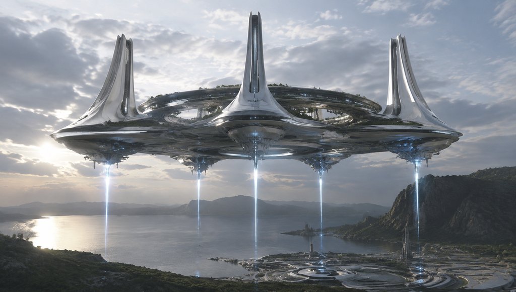 未来反重力悬浮建筑，流线型金属结构，光束锚定，硬科幻写实风格